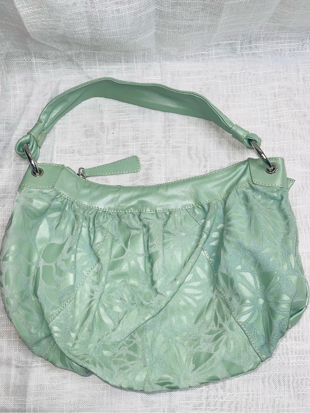 L’Incontro Italian Mint Green Leather Women's Shoulder Bag - Casual Floral Hobo
